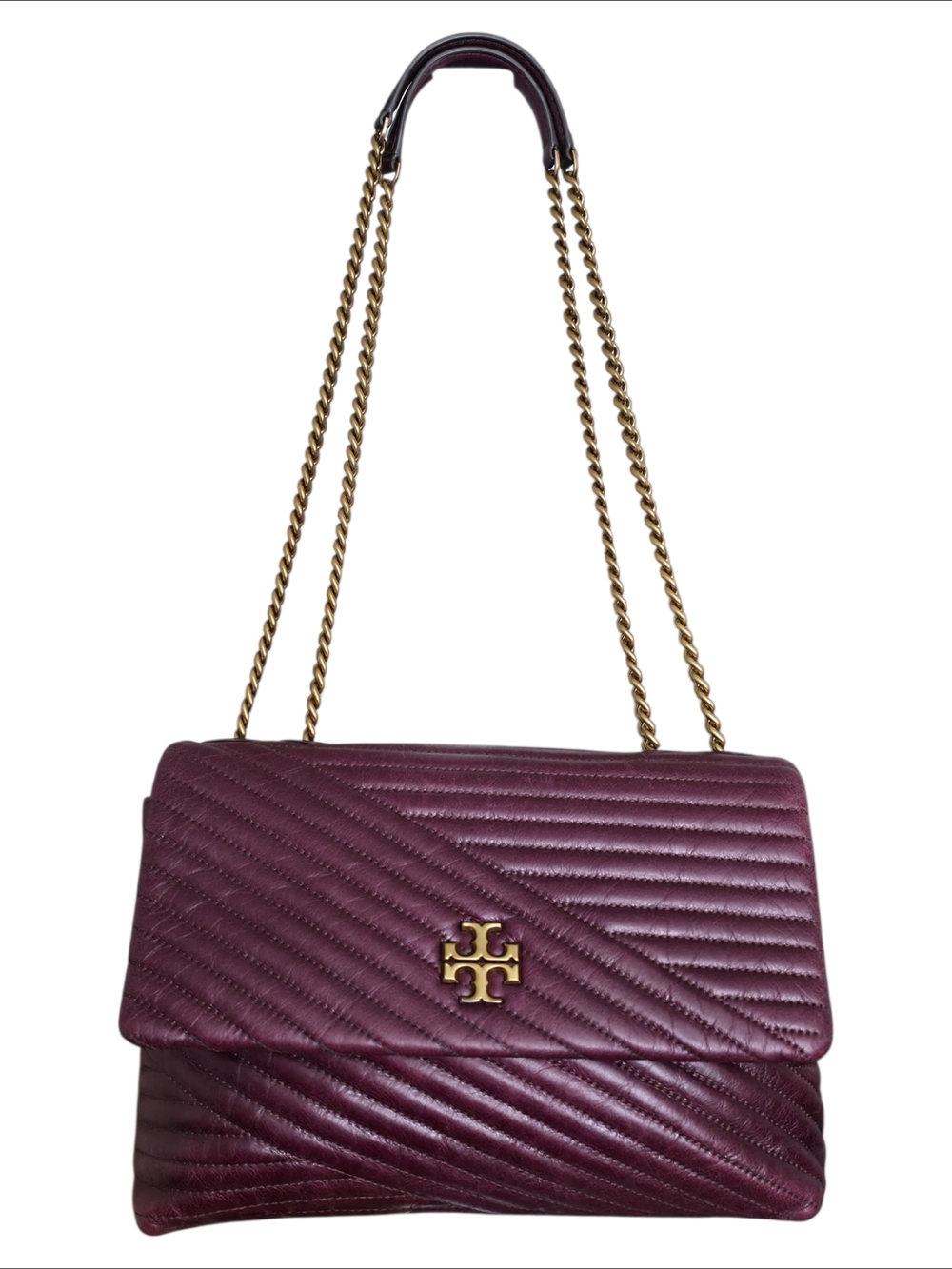 Tory Burch Kira Glazed Chevron Convertible Shoulder Bag Fig Burgundy Red Quilted